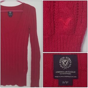AE V-Neck Red Long Sleeve Sweater Cable Knit